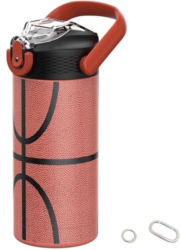 MYFOREST 400ml Botella de agua térmica para niños, acero quirúrgico, diseño original de alta resolución, apta para lavavajillas, etiqueta con nombre y mosquetones (Baloncesto)