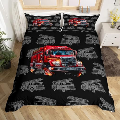 Loussiesd Feuerwehrwagen Bettwäsche Set 135x200cm für Kinder Jungs Teens Feuerwehrmann Betten Cartoon Feuerwehrmann Auto Fahrzeug Bettbezug