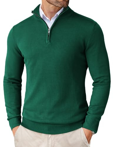 COOFANDY Men's Quarter Zip Jumpers 1/4 Zip Sweater Knitted Jumpers for Men Slim Fit Jumper with Collar Turtleneck Sweatshirt Dark Green M