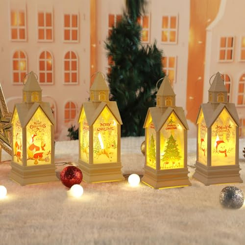 4 Stück Weihnachtsdekoration Laterne, Laterne für Weihnachtsdekoration, Weihnachtslaterne mit Rentier und Weihnachtsbaum, Weihnachtslaterne mit warmweißem LED-Licht, Laterne für Dekoration