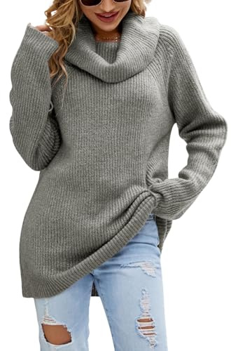 JFAN Pull Femme Hiver Chaud Chic e Elegant Pull Col Roulé Long Femme Manche Longue Pullover Oversize Tricoté(Gris,S)
