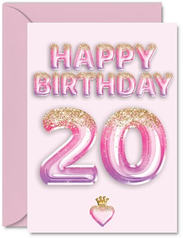 20th Birthday Cards for Women and Men, Pink & Purple Glitter Balloons | Happy Birthday Card for 20 Year Old Man Woman Cousin Sister Uncle Daughter, A5 Bday Greeting Cards