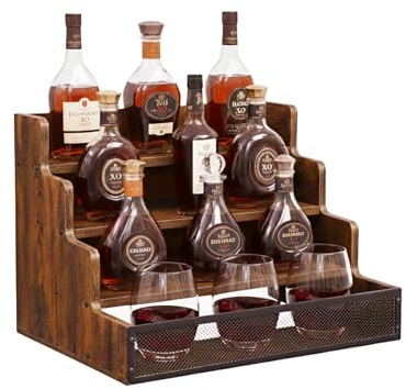 Kryntex 4 Tier Countertop Liquor Bottle Display Shelf, Rustic Wood Bar Shelf with Metal Fence, Freestanding Storage Rack for Liquor, Whiskey, Wine, Spirits & Coffee Syrup, Retro Wooden Bar Organiser