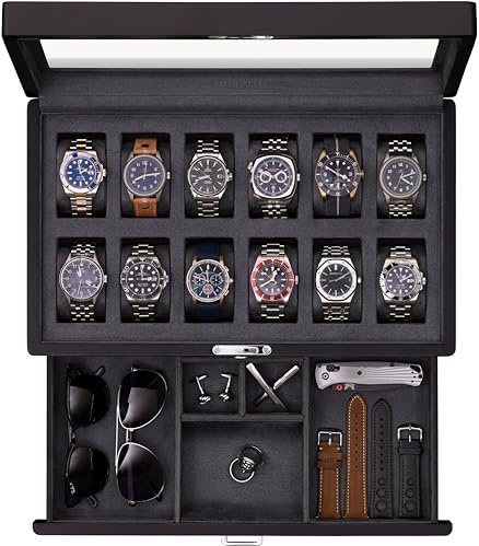 ROTHWELL Uhrenbox mit 12 Fächern, mattschwarz, mit Herrendiener-Schublade, Premium-Schmuck-Vitrine, Organizer mit verschließbarer Glasplatte und Mikrovelours-Auskleidung für Damen und Herren