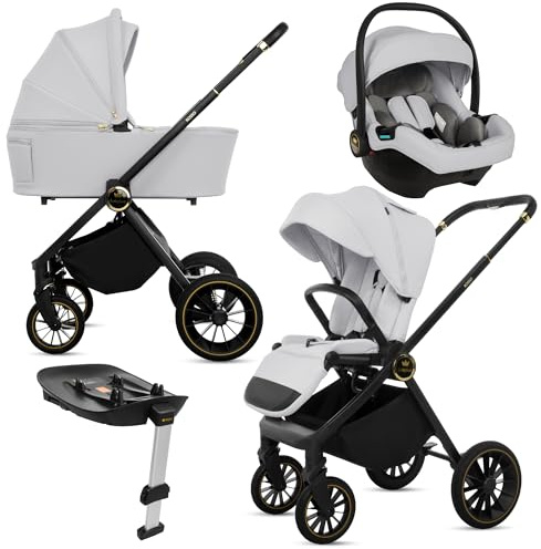 BabyLux® Kinderwagen 4in1 Set ROSSO, Faltbar Leicht Kombikinderwagen Set incl. Babywanne, Reisebuggy, Kindersitz i-Size, Auto Basisstation, 4 Liegepositionen, 0-22kg, UV Schutz 50+, Vollgummireifen