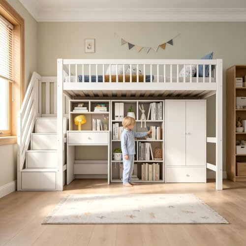 Su & Chan Legence Hochbett 90 x 200cm, Kinderbett mit Schreibtisch, Kleiderschrank, Stauraum Treppe, Schubladen und Staufächern, Einzelbett mit Lattenrost, Ohne Matratze, Weiß