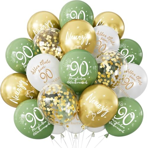 Deko 90. Geburtstag Luftballon, 24 Stück Grün Gold Ballon 90. Geburtstag | Balloon Alles Gute zum Geburtstag, Happy 90th Birthday Balloon, Salbeigrüne Gold Ballon 90 Jahre Geburtstag für Mann Frauen