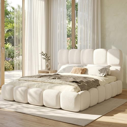 ZIDEY Polsterbett Bubble Bett 180x200 mit Kopfteil, Hydraulisches Doppelbett mit Lattenrost, Jugendbett Bettgestell Jugendbett, Weiß, Bouclé, Ohne Matratze