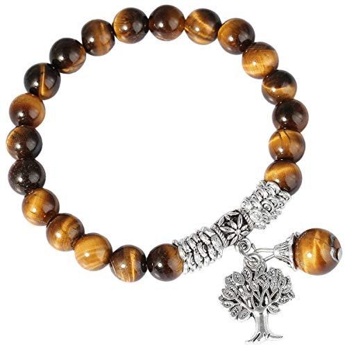 KYEYGWO Arbre de Vie Élastique Bracelet en Pierre Cristal, Chakra Rondes Perles d'Energie Yoga Protection Bracelet pour Femme et Homme 7, Oeil de Tigre