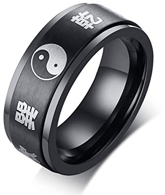 PJ JEWELLERY Edelstahl 8mm schwarz Feng Shui Taoismus Yin und Yang Spinner Ring Band für Männer,Größe 62 (19.7)