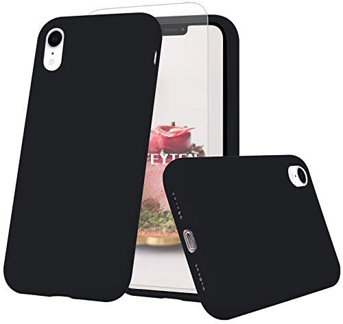 Feyten Compatible with iPhone XR Case [with Tempered Screen Protector], [Upgraded] Liquid Silicone Gel Rubber Soft Touch Cover Full Protective Case for iPhone XR 6.1 Inch (Black)
