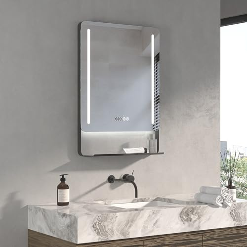 AQUABATOS LED Spiegel mit Uhr 50x70 cm Badspiegel mit Beleuchtung und Uhrzeit Aluminiumrahmen Ablage in Schwarz matt 3 Lichtfarben Dimmbar Antibeschlag Touch Sensor für Wandschalter