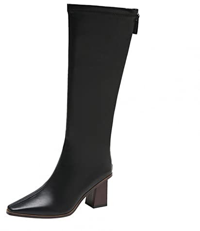 Stivale Donna al Ginocchio Stretch Stivali Alti Eleganti Scarpe Stivali con Zeppa Autunno Stivaletti Invernali Caldi Zip Laterale Punta Tonda Tacchi Alti Quadrati (37,Nero)