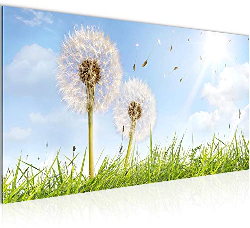 Runa Art Wandbild Pusteblume 1 Teilig 100 x 40 cm Modern Bild auf Vlies Leinwand Blumenwiese Wohnzimmer Schlafzimmer Grün Blau 034512a