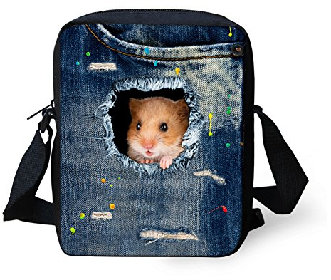 Binienty Kinder-Umhängetasche, kleine Umhängetasche, Handtasche, für Reisen, Schule, Wandern, Denim Hamster, Einheitsgröße