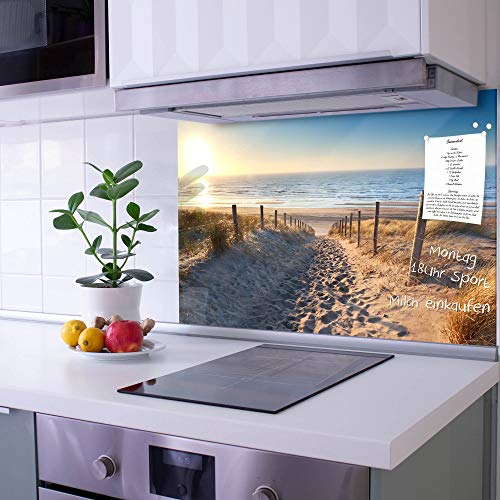 banjado Küchenrückwand Glas ohne Bohren 60x40cm – Glasrückwand Küche mit Motiv Nordseestrand/Spritzschutz Küchenrückwand Glas/selbstklebende Küchenrückwand Platte - magnetisch & beschreibbar