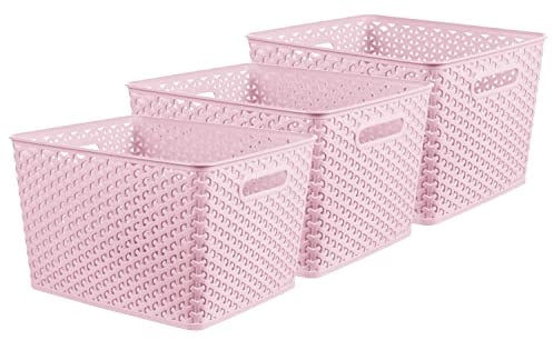 Curver My Style Rattan Effect Set of 3 Kitchen, Living room, Bathroom, Bedroom, Utility Large Rectangular Storage Baskets 18 Litres - Pink
