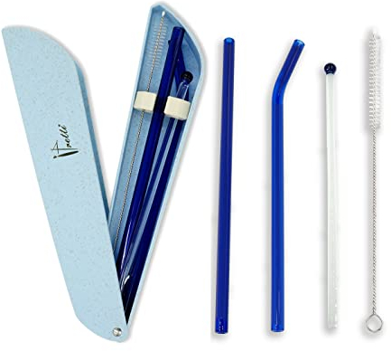 Ipretti Reusable Glass Drinking Straws with Travel Case Package,Size 8x8MM,Food Grade Glass Straws for Smoothies,Beverages,Milkshake,Coffee (Blue)