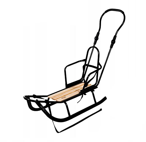 FKL DESIGN Home Deco Schlitten aus Metall mit Lehne, Schieber - Lenkschlitten für Kinder - Schiebestange Holzschlitten mit Warmen Fußsack aus Wolle oder Polar - Rücklehne Schlitten - Schwarz