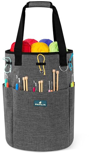 PAVILIA Knitting Bag Crochet Organizer Bag, Yarn Storage Tote, Knitting Accessories Supplies, Yarn Holder for KnittingWith Grommets, Needles Hooks Essentials, Crochet Project Case (Charcoal Gray)