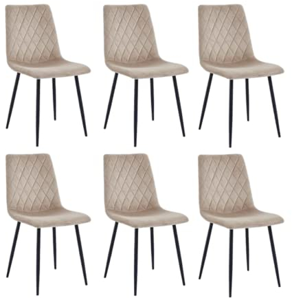 Mevsim Elisia Esszimmerstuhl 6er Set Beige - Samt - Metallbein - Wohnzimmersessel - Samt Sessel Stuhl - Edelstahl Küchenstuhl Schwarze Metallbeine - Polyester Stuhl - Anti-Rutsch
