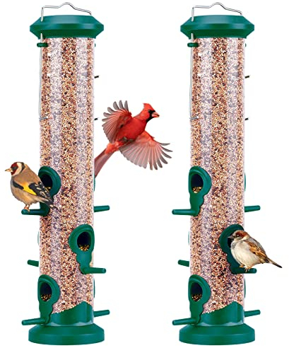 Kingsyard 2 Pack Tube Bird Feeders for Outdoors Hanging, Premium Hard Plastic Bird Feeder with 6 Feeding Ports, Weatherproof & Steel Hanger, Attracting for Wild Birds (Green)