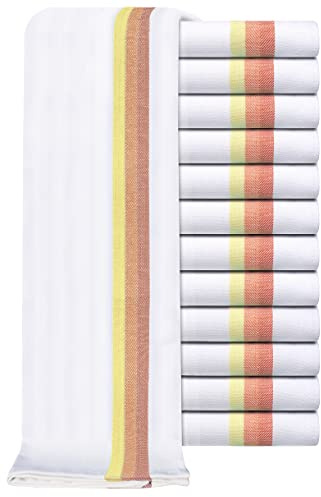 Set of 12 Herringbone Weave Tea Towels - 100% Ring Spun Cotton - Extra Absorbent & Heavy Duty - Hanging Loop - Lint Free - 50 x 70cm (Orange)