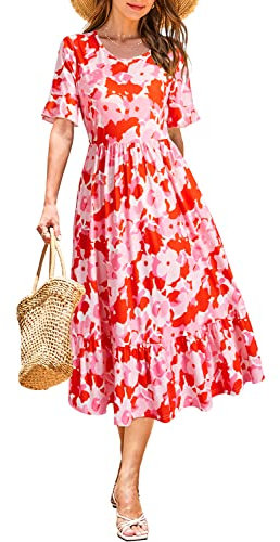 STYLEWORD Women Summer Dress Floral Short Sleeve Ladies Casual Swing Midi Dress with Pockets(Floral14,X-Large)