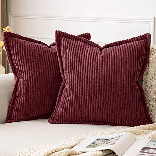 MIULEE Kordsamt Kissenbezug Weiche Kissenhülle Dekorative Sofakissen Quadratische Dekokissen Moderne Zierkissenbezug Gestreifte Kissenbezüge für Schlafzimmer 2 Stück 50x50 cm, Weinrot