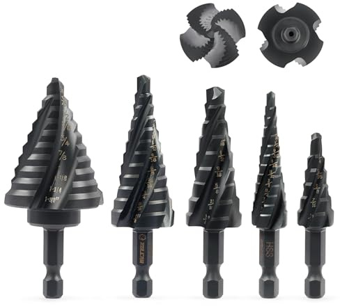 ZELCAN Step Drill Bit Set, 5PCS Four Spiral Flute Step Bits for Metal, 50 Sizes Titanium-Coated HSS Drill Bits with 1/4 Hex Shank for Stainless Steel Aluminum Wood Plastic