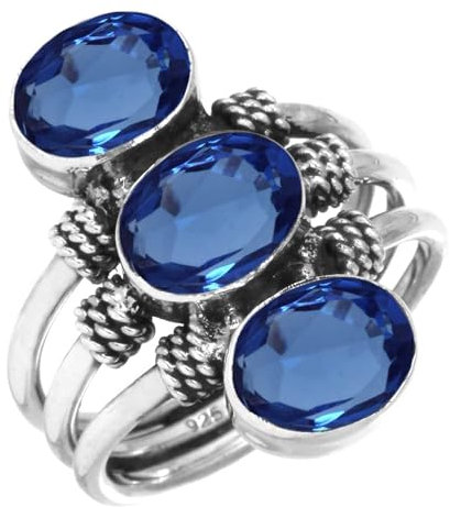 Jeweloporium Blauer Saphir Kunstsilber Ring Größe 63 (20,1), 925 Sterling Silber Ring für Damen, Ovaler Edelstein Boho Schmuck