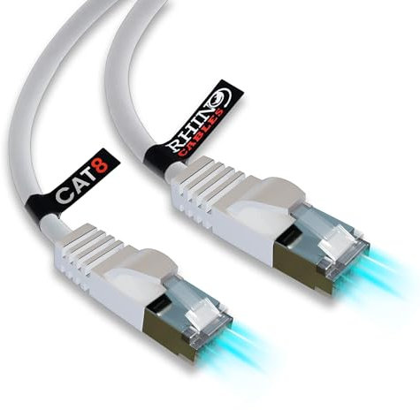 rhinocables CAT 8 20m White Fast Extra Long Ethernet Cable | 40Gbps, 2000Mhz, Uninterrupted Streaming, Gaming & Browsing | S/FTP Shielding For Zero Lag & Reliable Performance, Home Or Office (Single)