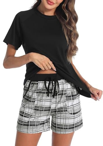 Uniexcosm Pyjama Femme Coton Court Été Carreaux Col Rond Manches Courtes Short Avec Poches Latérales A-Nero Profondo L