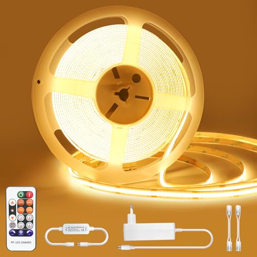 Öuesen COB LED Streifen 10M Warmweiss, Led Strip mit Fernbedienung 24V 3000K, Lichtband Led Selbstklebend, Led Stripes Wasserdicht mit Netzteil, Led Band Dimmbar CRI 90+ für Haus Dekoration