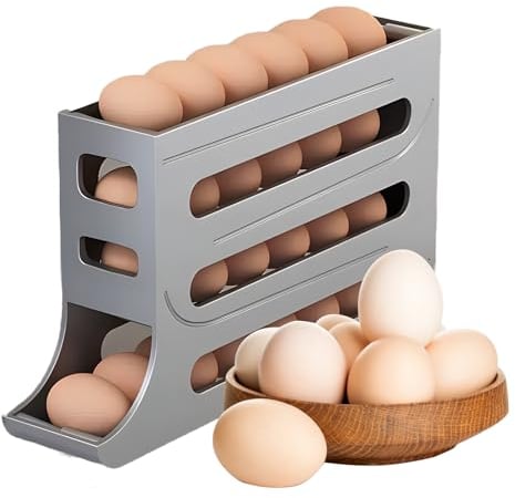 Ikaif 4-Tier Auto Rolling Egg Dispenser, Space-Saving Egg Holder for Fridge & Countertop, Durable Plastic Kitchen Organizer (Grey)