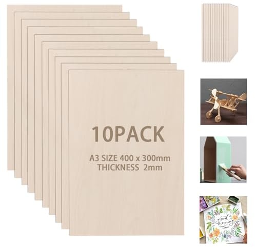 FWEEK 10 láminas de madera contrachapada A3 de 2 mm, 400 x 300 mm, A3, sin terminar, contrachapado de abedul para manualidades, carpintería, procesamiento láser, construcción de maquetas, pinturas