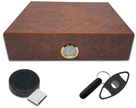 Humidor für 20 Zigarren | Wurzelholz Finish | Set | Accessoires | Zigarrenschneider | Zigarrenbohrer | Humidorbefeuchter