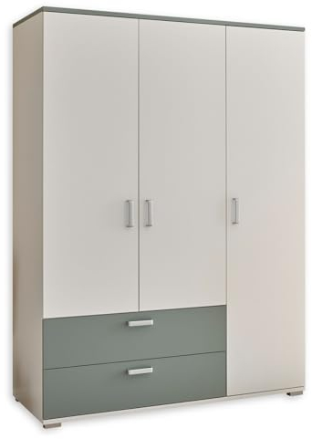 MITOS Babyzimmer Kleiderschrank in Weiß/Salbei - Vielseitiger Drehtürenschrank mit viel Stauraum - 150 x 203 x 58 cm (B/H/T)