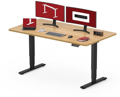SANODESK EC4 Bureau Assis Debout(120x80cm), Bureau Réglable en Hauteur avec 2 Moteurs Puissants, Table Électrique avec Commande à mémoire et 3 Colonnes(Cadre Noir+Plateau Érable)