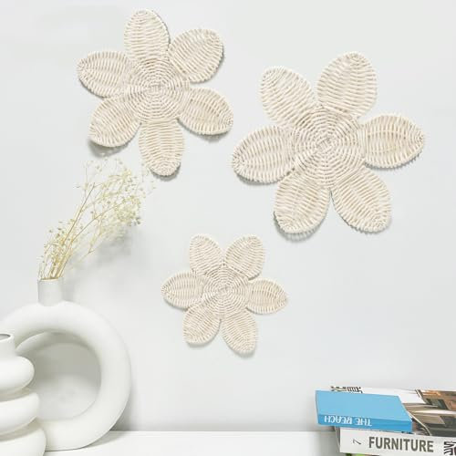 YiYa Holz Boho Wand Deko Holz Blume Wanddekoration Blumen Rattan Wandkunst Boho Gänseblümchen Wanddekoration für Wohnzimmer Bauernhaus Kinderzimmer Schlafzimmer