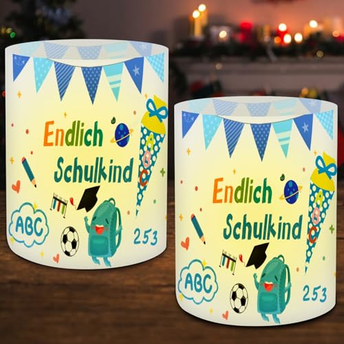ELF-GRETTER 12 Windlichter Tischdeko Einschulung Junge, Einschulung Deko, Schulanfang Deko Junge Schulkind 2024, Einschulungsdeko, Tischdeko Einschulung für Teelichter