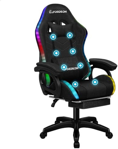 ELFORDSON LED Gaming Chair with 8-Point Massage, Swivel Office Chairs with Head Pillow Lumbar Support, Ergonomic Desk Chair with Armrests Footrest, Fabric Linen, Black