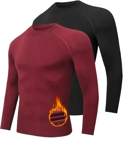 Djtnzdm Thermo Langarmshirt Herren Sport Thermoshirt Fahrrad Unterhemd Atmungsaktiv Warm Ski Unterwäsche Männer Winter 2 Pack 3XL Schwarz Burgund Rot