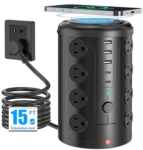 15W Wireless Charger Tower, 4m Extension Cord with Multiple Sockets, 16 AC Outlets & 5 USB (2 USB C) Surge Protector for Office, Home