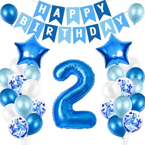 2nd Birthday Decorations for Boys Number 2 Balloon Blue Silver 2nd Party Decorations Happy Birthday Bunting Banner 81.3 cm Foil Number 2 Balloons Set for Birthday Party Anniversary Decorations
