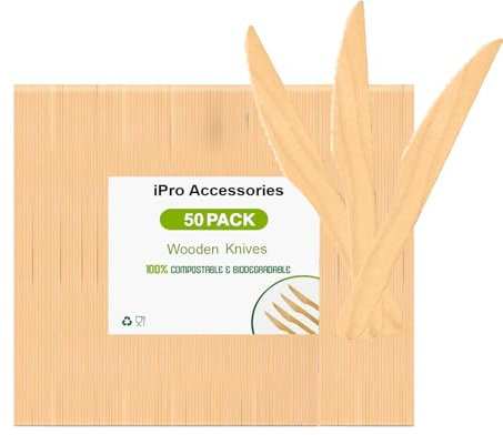 iPro Accessories Disposable Wooden Knife - Pack of 50, Eco-Friendly, Biodegradable & Plastic Free, Ideal for Wedding, Picnic, Party, Office