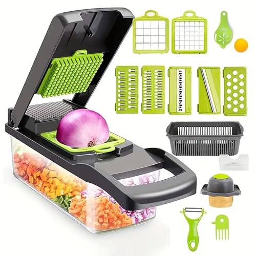 HATAF 26-in-1 Vegetable Chopper UK, Mandolin Vegetable Slicer & Onion Chopper with Grater, Spiralizer, Chip Cutter, Mini Food Chopper & Kitchen Accessories, Ideal for Potato Salad Chopper