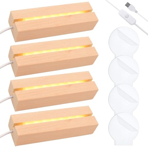4 unidades de zócalos LED, base de madera, base de luz LED, base de luz con panel de luz e interruptor USB, color cálido, 15 cm de largo, base de pantalla para bloque de cristal, cristal, resina, arte