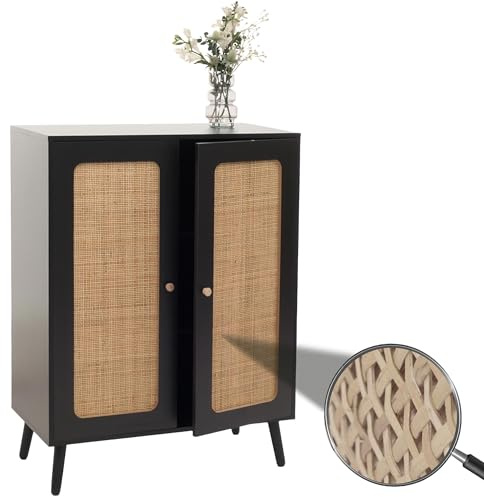 Mendler Highboard HWC-M38, Kommode Schrank Sideboard, Staufächer, Kubu Rattan Holz 106x80x41cm - schwarz