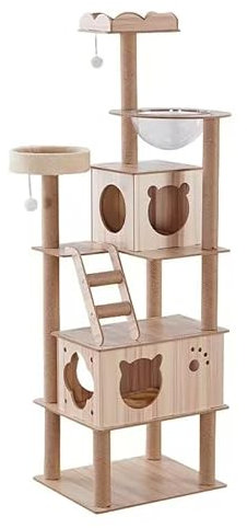 Árbol para Gatos, Torre Rascador para Gatos, 2 Casas de Madera, Plataformas Múltiples, con Juguete Colgante, Natural, 60CM*50CM*182CM